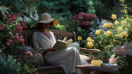 Reading in a Garden: Woman with Book, Hat, and Lemonade
