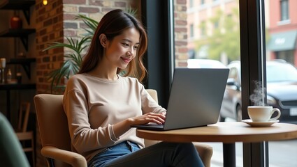 Naklejka premium Happy Remote Work: Young Woman Productively Using Laptop in Cafe