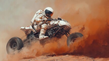 Astronaut on a quad bike in a dusty Martian landscape