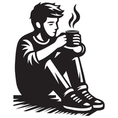 black and white vector of people sitting and drinking a cup of coffee