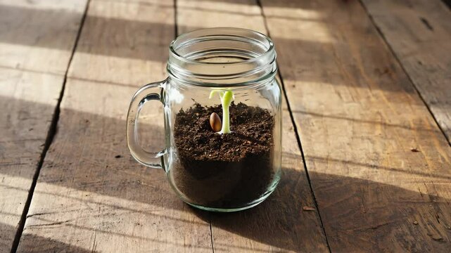 glass jar with seed germinating process