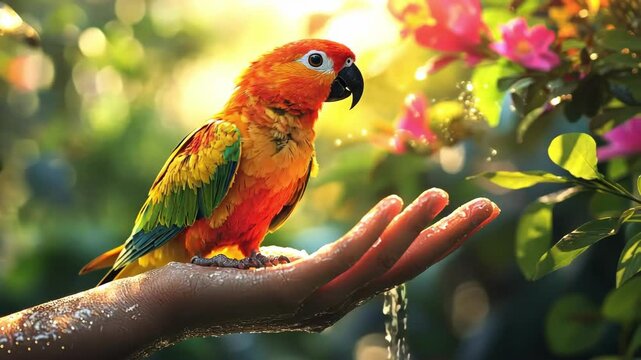 Vivid parrot perched on a hand, surrounded by nature
