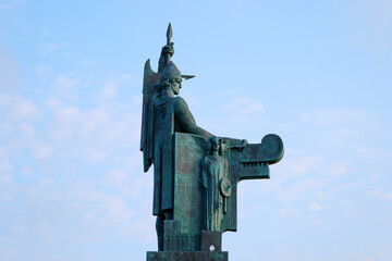 Bronze Sculpture of Ingólfur Arnarson with Odin Yggdrasil and Dragon at Arnarhóll in Reykjavik Iceland