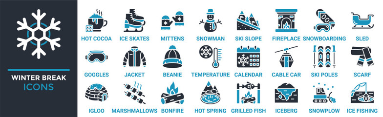Winter breeak icon set. Containing hot cocoa, ice skates, mittens, snowman, ski slope, fireplace, snowboarding and more. Solid vector icons collection