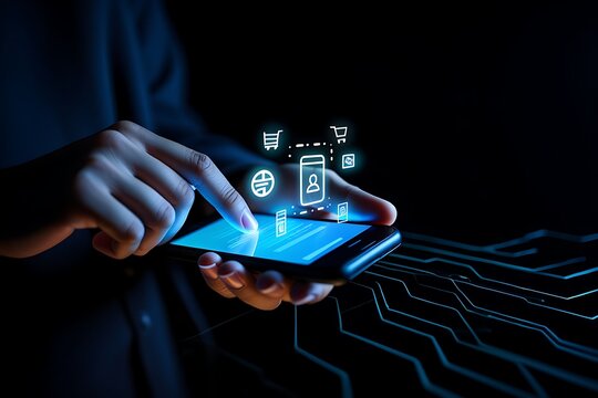 A person s finger touches a smartphone screen displaying glowing digital icons representing online shopping user profiles and data with abstract blue circuit board lines extending into the darkness