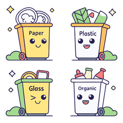Trash-Sorting Bins Set with Faces - Cute Sticker Style Design for Waste Management, Recycling Education & Eco-Friendly Branding