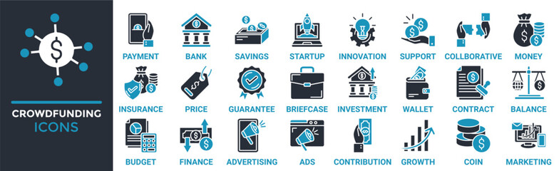 Crowdfunding icon set. Containing payment, bank, savings, startup, innovation, support, collaborative and more. Solid vector icons collection
