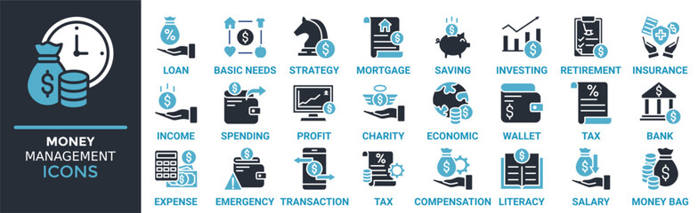 Money management icon set. Containing loan, basic needs, strategy, mortgage, saving, investing, retirement and more. Solid vector icons collection