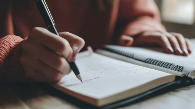 Close-up of hands writing in a notebook