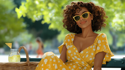 Joyful woman on a park bench enjoying a sunny day with kids