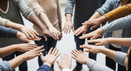 Diverse group of people joining hands in a circle, symbolizing unity and support.