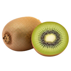 Obraz premium Whole and half kiwi fruit with vibrant green flesh and black seeds isolated on transparent background