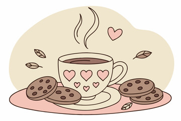 Cozy tea cup with delicious cookies and rising steam illustration