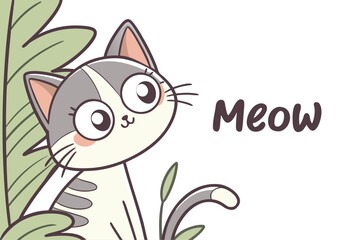 Adorable cartoon cat peeking from behind a lush green plant with a playful meow