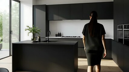 Modern kitchen interior with a woman in casual attire walking towards the cooking area, featuring sleek design and natural light