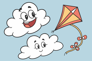 Quirky set of three different fluffy clouds in vibrant colors