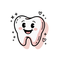 Cute cartoon tooth with happy face and pink gums illustration