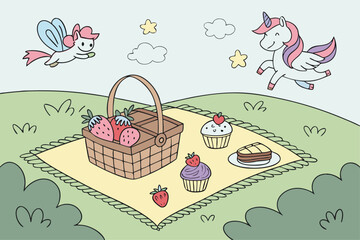 Enchanting fantasy picnic scene with whimsical magical treats and vibrant colors