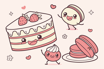 Adorable anthropomorphic desserts and kawaii cakes with macarons