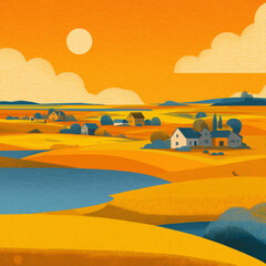 stylized illustration of a serene countryside landscape, created using simple flat colors and geometric shapes. It evokes a warm, tranquil atmosphere with its harmonious composition