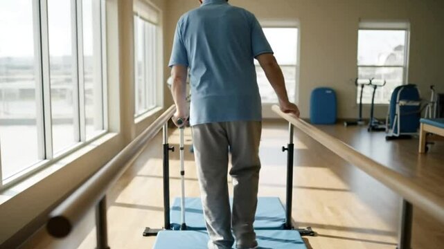 Senior Man's Physical Therapy: Walking with Cane Between Parallel Bars for Rehabilitation, greet for b-roll footage