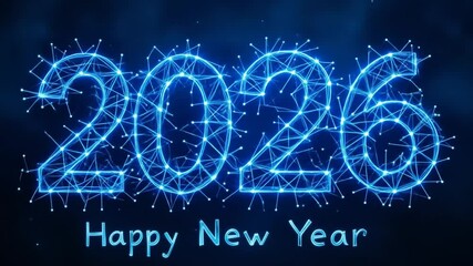 Happy New Year 2026, made with dots and lines, polygonal wireframe light link structure in the night sky, dark blue background. 4k video - Powered by Adobe