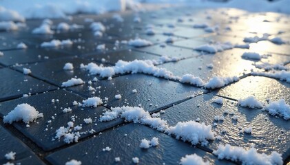 Tranquil Winter Scene Snow-Covered Slate Tiles Glistening in Soft Sunlight