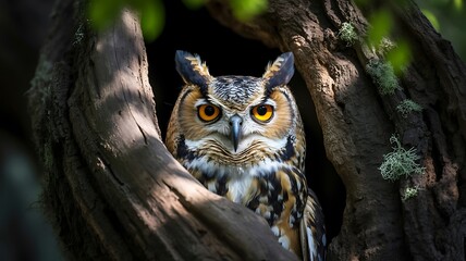 Great horned owl with bright orange eyes peeking from a tree hollow