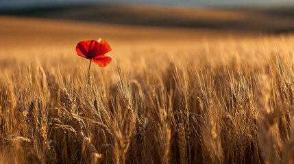 A vibrant red poppy stands out against a golden field of wheat, showcasing the beauty of nature in a serene landscape.