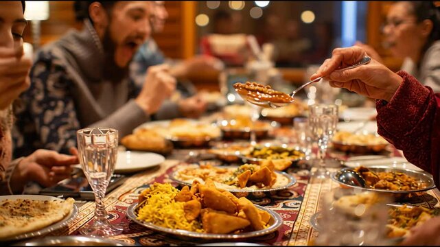 Vegetarian Indian food. several people eat Indian food at a common table together. The girl's hand takes Samos from the plate.