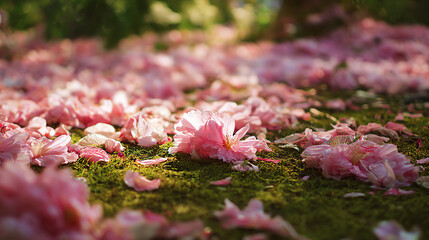 A serene scene of pink flower petals scattered on lush green moss, capturing the beauty of nature in a tranquil moment.