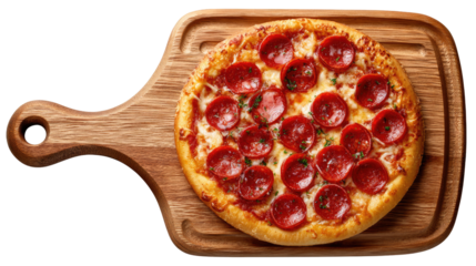 Pepperoni Pizza Delight: A mouthwatering pepperoni pizza rests on a rustic wooden cutting board, a culinary masterpiece ready to tantalize the taste buds.