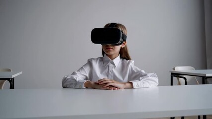 Young schoolgirl wearing white shirt experiencing immersive digital learning through virtual reality headset while sitting at classroom desk, exploring educational technology with focused curiosity - Powered by Adobe