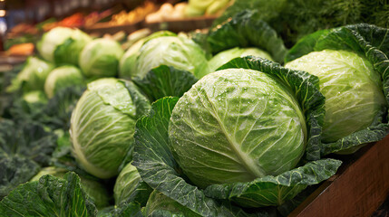 Fresh green cabbages arranged neatly at a market, showcasing their vibrant leaves and healthy appearance.