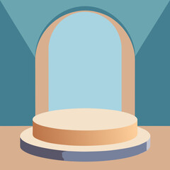 Aesthetic product display podium with archway and geometric shapes in pastel color palette design render