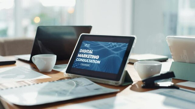 Tablet, digital marketing or screen in office with documents or innovation in empty company workplace. Consultation, website or technology on desk with text and paperwork for homepage or internet