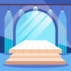 Illustration of a stage with spotlights and an archway in a blue themed color palette scene design