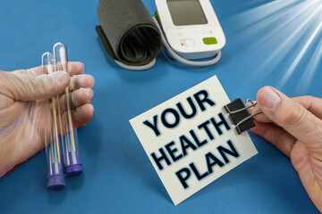 Your health plan text on a blue background