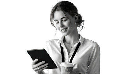 Woman in Business: A focused young woman, poised and professional, engaged with her tablet while holding a cup of coffee, embodies the modern business world's seamless blend of work and daily life.