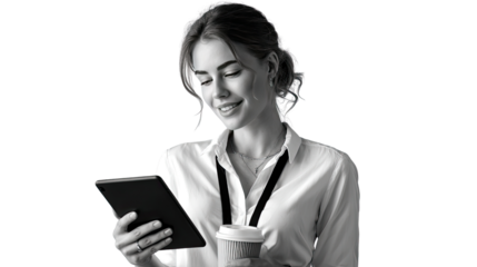 Woman in Business: A focused young woman, poised and professional, engaged with her tablet while holding a cup of coffee, embodies the modern business world's seamless blend of work and daily life.