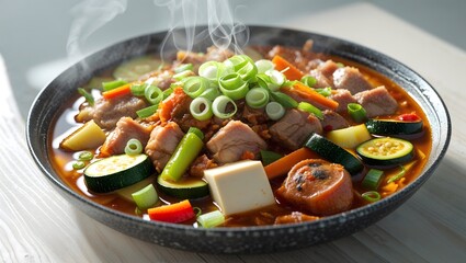 South Korean kimchi jjigae with pork, tofu, and vegetables.