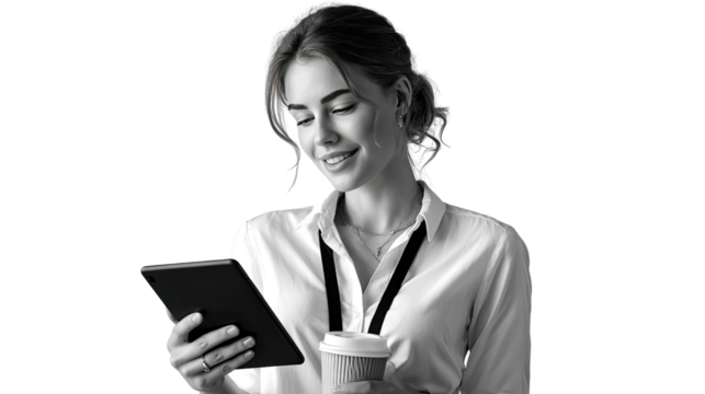 Woman in Business: A focused young woman, poised and professional, engaged with her tablet while holding a cup of coffee, embodies the modern business world's seamless blend of work and daily life.