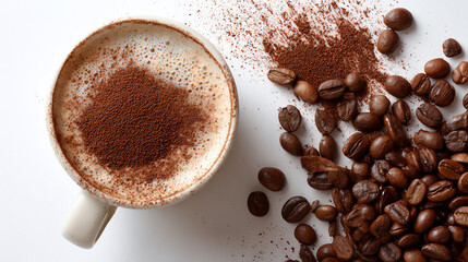 A fresh cup of coffee with sprinkled cocoa and roasted beans, perfect for coffee lovers. Experience the rich aroma and flavor.