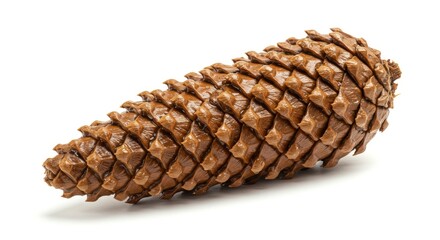 Glossy brown pinecone resting on white