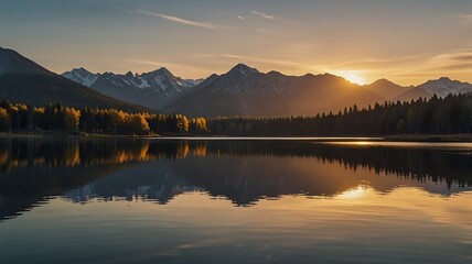 Obraz premium Serene Mountain Reflection on Calm Water at Sunrise