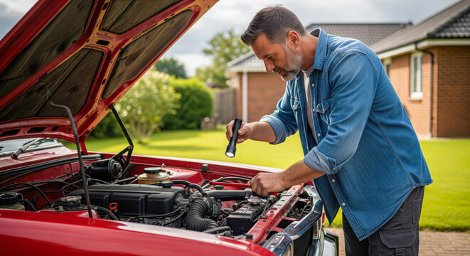 Man Inspecting Car Engine In The Driveway