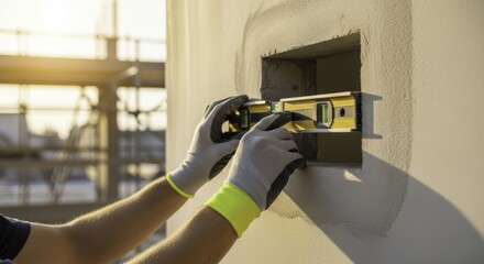 Professional construction worker hands using spirit level on building wall