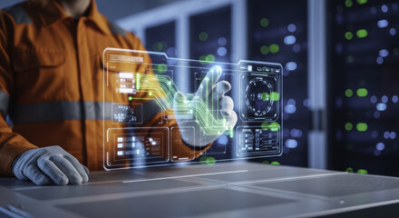 Male technician interacting with holographic data network interface in server room
