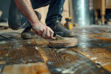 Clear Pixel Visual of Man Polishing Flooring with Brush Preparing for Home Improvement Work