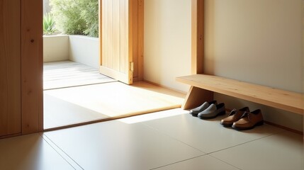 Functional Minimalist Japanese Entryway Showcasing Clean Tiled Floor and Bright Light for a Respectful Transition